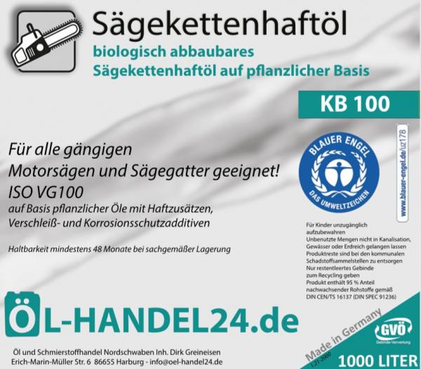 Bio Kettenöl 1000 Liter IBC KB 100 Sägekettenhaftöl Sägekettenöl Motorsägenöl Blauer Engel" nach neuester RAL-UZ 178